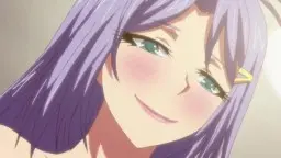 Nahaufnahme einer lüsternen Hentai-MILF mit violetten Haaren, die mit herausgestreckter Zunge und geschlossenen Augen zum Sperma leckt.
